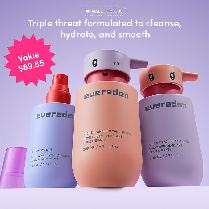 Evereden Kids Shampoo, Conditioner & Detangling Spray Set | Dermatologist-Tested, Plant Protein Peptides & Argan Oil | Gentle, No Silicones, Sulfate & Paraben-Free | Vegan Haircare + Brush, Ages 3+