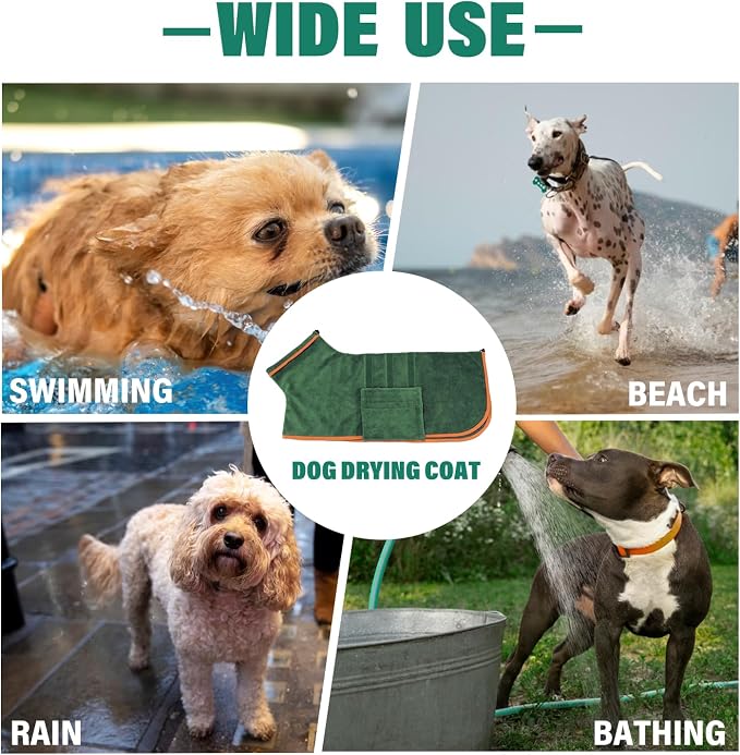 Dog Drying Coat - Fast Drying Dog Towel Robe - Microfiber Super Absorbent Pet Bathrobe, Adjustable Collar & Belly Strap Coat Pet Bath Robe Towel (Small, Green)