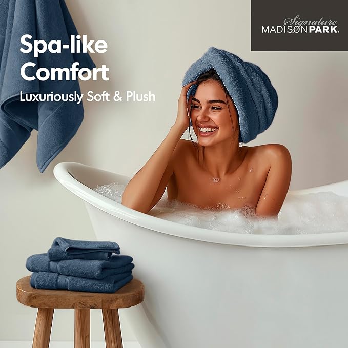 Madison Park 800GSM Bathroom Towel Set of 8 100% Cotton Bath Towel Set for Bathroom Luxurious Highly Absorbent 2 Bath Towels 2 Hand Towels 4 Washcloths Quick Dry Spa Quality Slate Blue