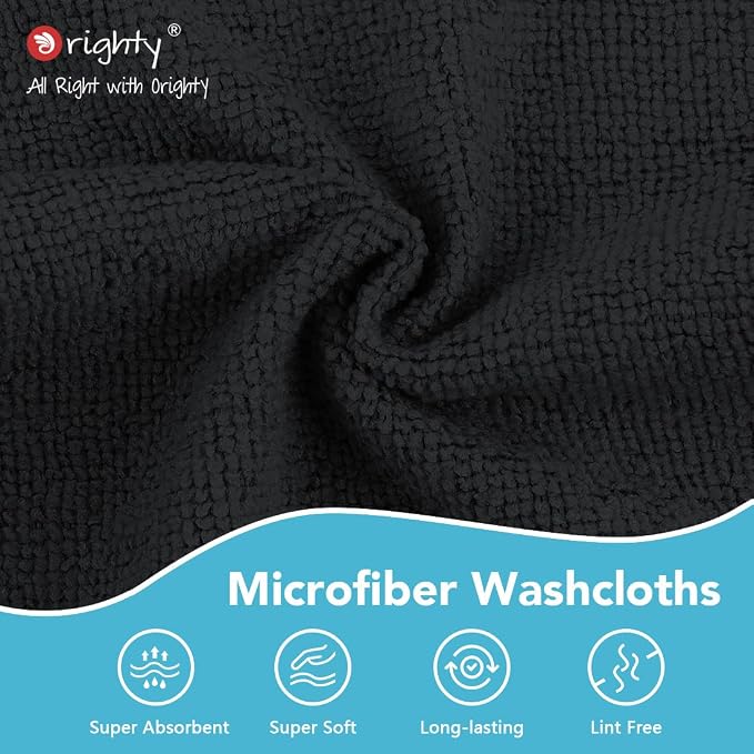 Orighty Wash Cloths, 20 Pack Face Towels, Soft Quick-Drying Washcloths, Multi-Purpose Microfiber Face Cloths for Bathroom, Gym, Spa, Hotel, Travel, 11.5"x11.5", Black