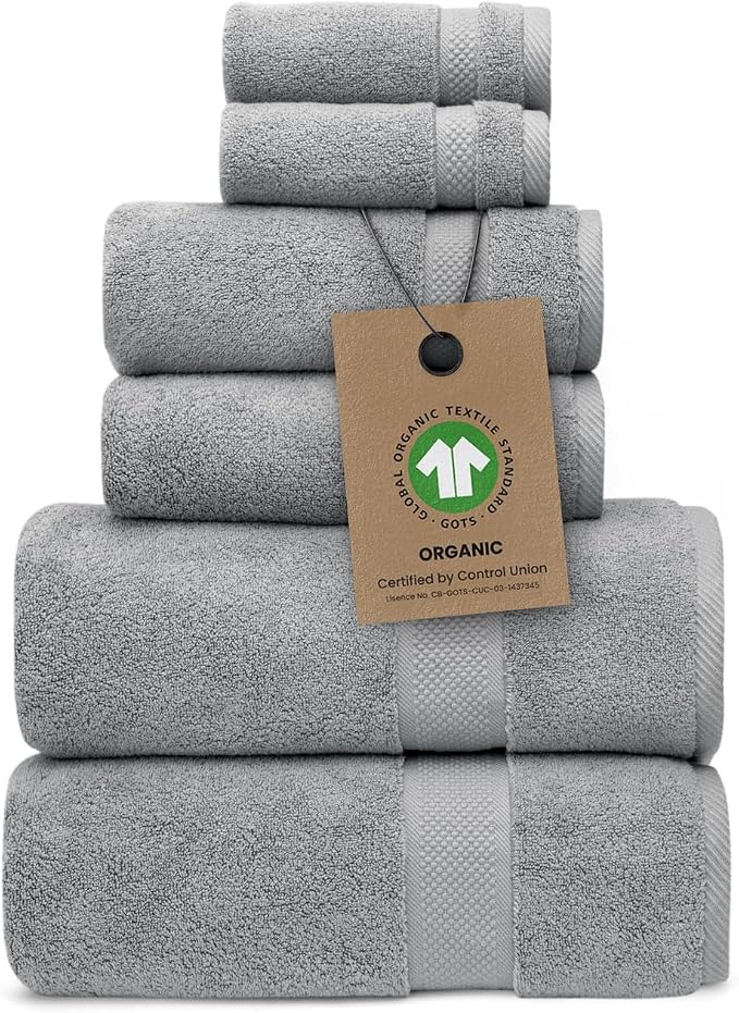 Alusa Home 100% Organic Zero-Twist Cotton Towels - GOTS Certified Luxury Bath Towels - Ultra Soft & Plush 700GSM Long-Staple Cotton - 6 Piece Towel Set (Pewter Grey)