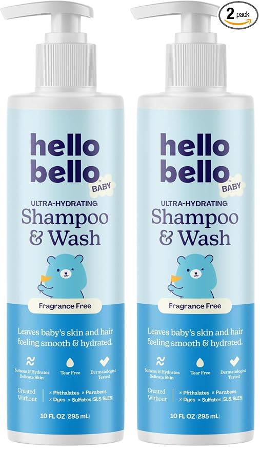 Hello Bello Baby Ultra-Hydrating Shampoo & Wash, Fragrance Free for Sensitive Skin, 10oz Bottle (Pack of 2)