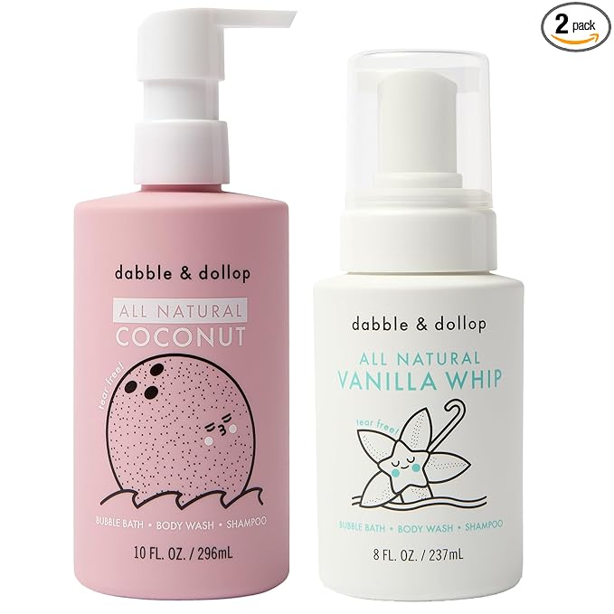 Dabble & Dollop Coconut + Vanilla Kids 3-in-1 Body Wash, Shampoo & Bubble Bath Bundle – Gel + Foam Whip Set, Tear-Free, Gentle, Natural-Origin, Hypoallergenic and Safe for Sensitive Skin (Pack of 2)