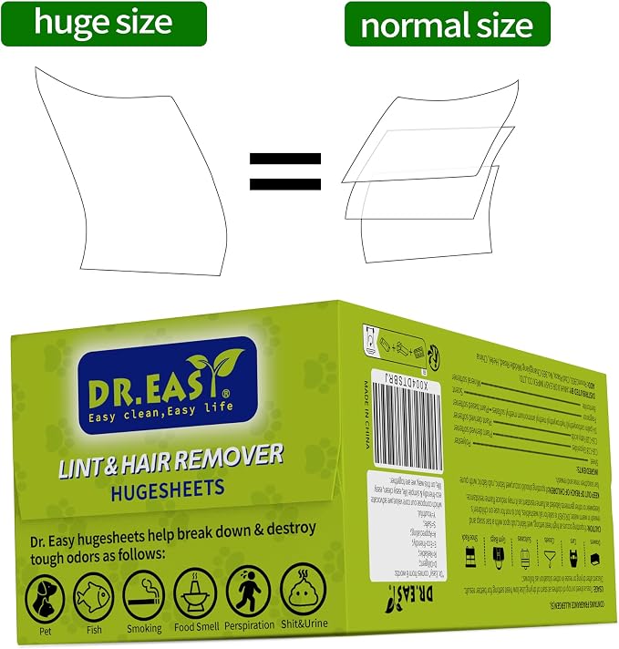 Dr.Easy LINT & HAIR REMOVER Pet HUGESHEETS with 3X Dryer Sheets, Free & Clean, 200 Count,PLANT&MINERAL-BASED FORMULA