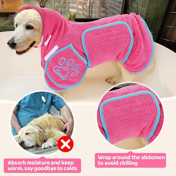 SlowTon Dog Bathrobe Drying Coat – Super Absorbent Microfiber Towel Wrap with Adjustable Collar & Belly Strap, Fast Drying Bath Robe for After Bath Swim, for Large, Medium, Small Dogs (Pink 3XL)