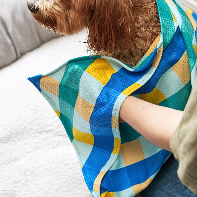 Dock & Bay Pet Towel - Super Absorbent & Quick Drying Dog Towels with Bag - 100% Recycled - Puppy Plaid, Medium (90x50cm, 35x19)
