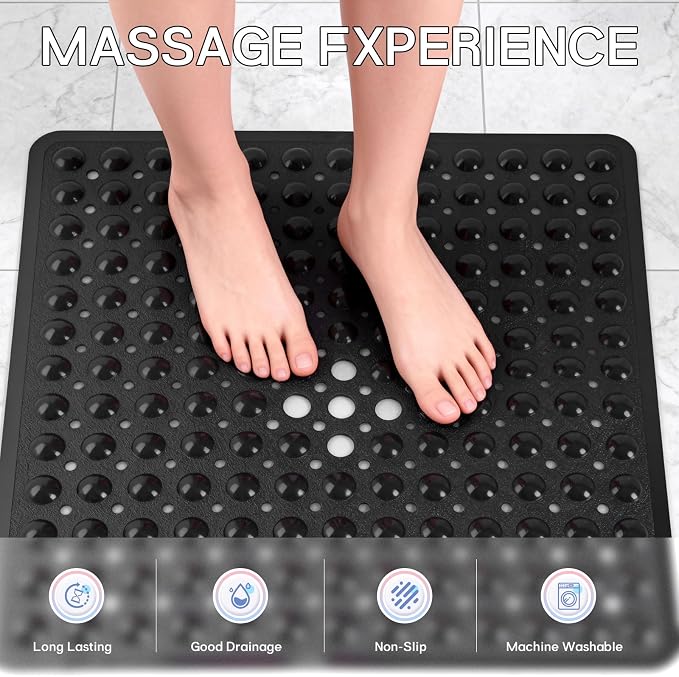 Anti-Slip Bathtub Shower mat, 21×21（ 53×53cm） inch Soft Oversized Machine Washable Non-Slip Bathtub mat with Drainage Holes, Bathroom Floor Suction Cup.（1-Opaque Black）