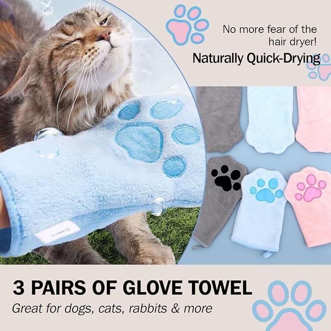 Paw Bathing Towel for Cats, Ultra Soft Microfiber Pet Bath Towel Gloves for Muddy Paws, Ears, Coral Fleece Pet Towel, Quick-Dry Cat Drying Towel, Lint-Free Absorbent with Hanging Loop (pink+grey)