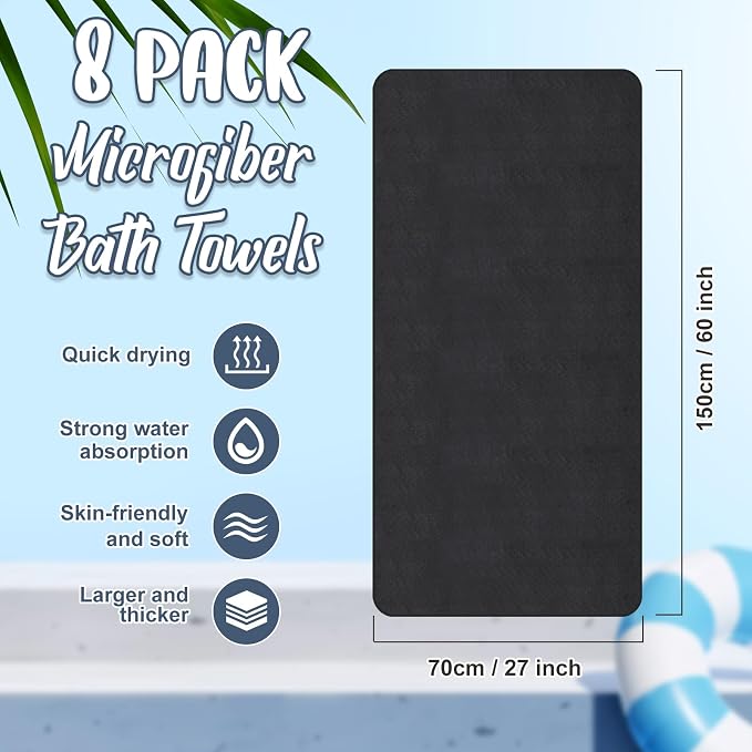 SmoothNovelty 8 Pack Microfiber Bath Towels Bulk 27'' x 60'' Oversized Bath Towel Highly Absorbent Extra Large Shower Sheets Soft Drying for Beach Pool Bathroom Salon Party(Black)