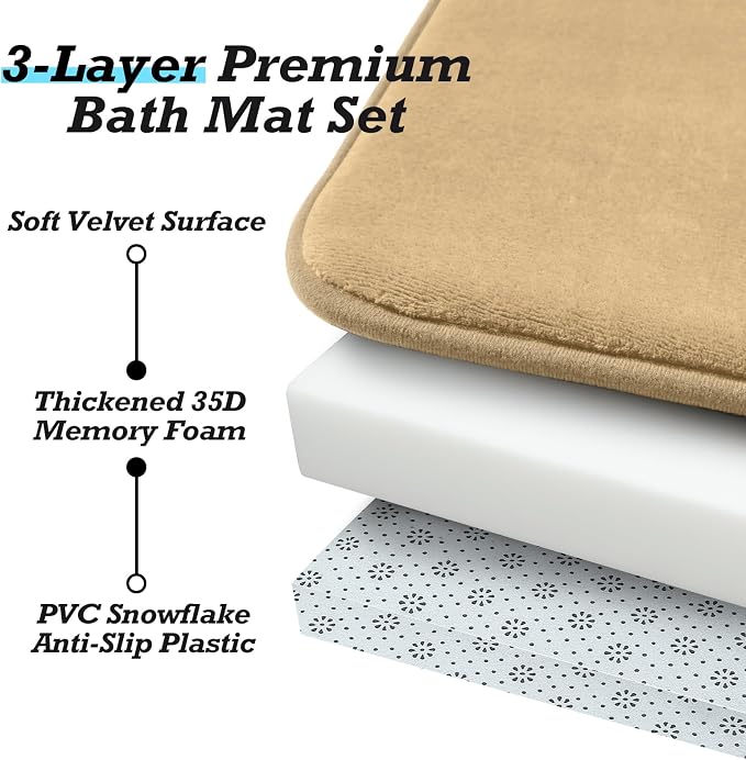 HUXMEYSON Bathroom Rugs Sets 2 Piece, Non-Slip & Quick Dry Bath Mat Set, Ultra Soft Velvet Bath Rugs for Bathroom, Toilet and Shower Floor, Khaki