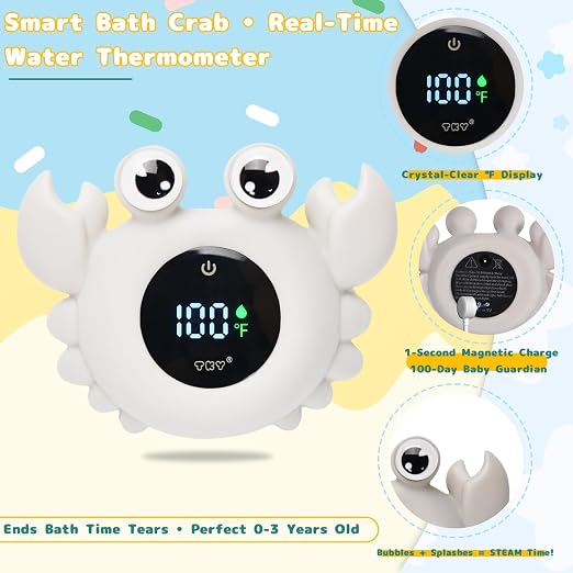 Crab Baby Bath Thermometer Toy - Digital Floating Water Thermometer with LED Display, Color Temperature Alerts & Safe Bath Sensor for Newborn, Infant Bathtub Essentials