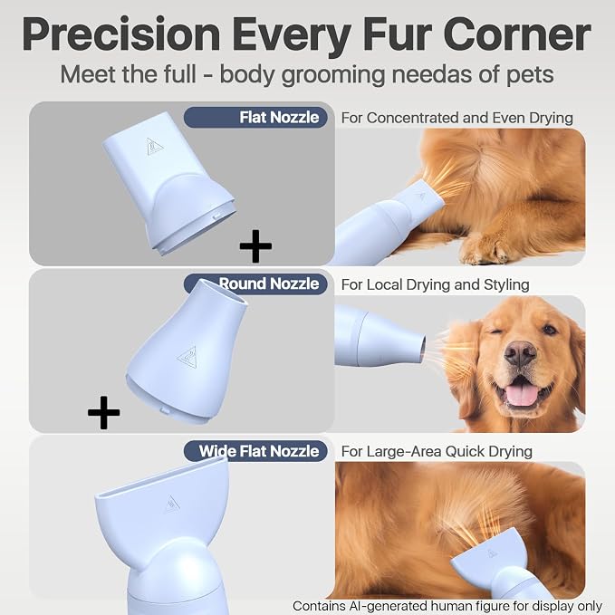 Buenkee Handheld Dog Dryer, 3HP High-Velocity Pet Hair Blower, Blue | 12 modes with 3 speeds and 4 temps, 1.2 lb lightweight, quiet under 65 dB, portable for home and travel, includes 3 nozzles