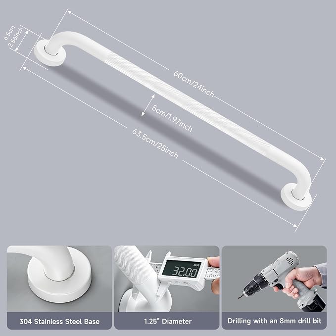 24 Inch Shower Grab Bar 1.25" Dia, White Anti Slip Bathroom Grab Bar, 304 Stainless Steel Knurled Handicap Grab Bars, Safety Support Handrail, Assist Bath Shower Handle for Elderly Injury Senior