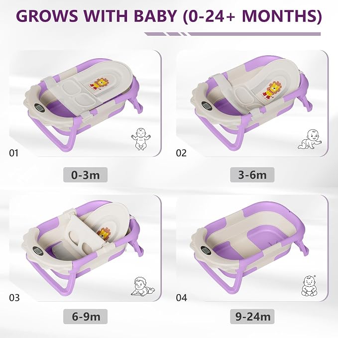 MoreFeel Foldable Baby Bathtub with Thermometer - 4-in-1 Grow-with-Me Collapsible Infant Tub (Newborn to Toddler) with Adjustable Mesh Sling - Space Saving Design