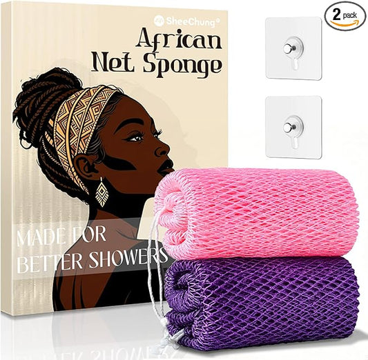SheeChung African Net Sponge Authentic, Long Exfoliating Wash Cloths Shower Loofah Bath Sponge, 2 Pack Body & Back Scrubber for Women and Men (Neon Pink & Deep Purple)