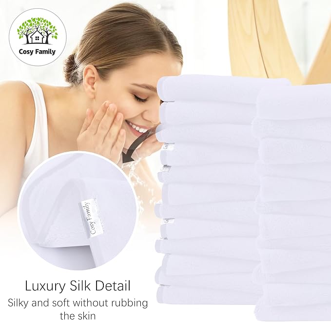 Cosy Family 24 Pack Soft Washcloths Set - 12 x 12 inches, Quick Drying - Highly Absorbent Coral Velvet Fingertip Towel Bathroom Wash Clothes for Bath, Spa, Facial, Kitchen - White