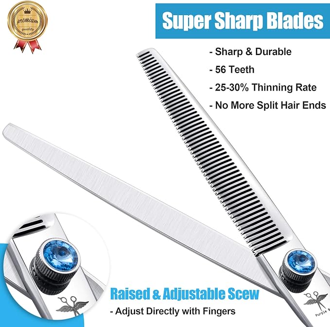 PURPLEBIRD 7.5 Inch Left Handed Straight Dog Grooming Scissors Professional Pet Thinning Texturizing Shears Safety Noiseless Blunt Tip Trimming Shearing for Dogs Cats Japanese Stainless Steel Silver
