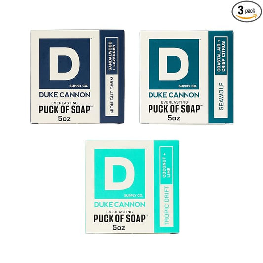 Duke Cannon Supply Co. Men's Soap Puck 3-Pack Bundle – Midnight Swim, Seawolf & Tropic Drift Scents – Triple-Milled Long-Lasting Hydrating Bar Soap for Men, 5 oz Each