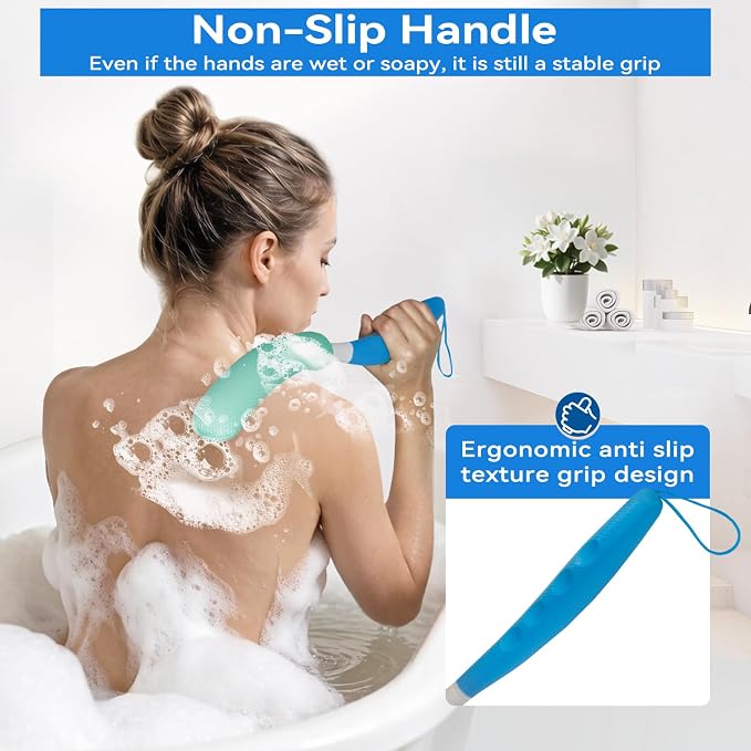 KkaFFeKkaFFe Shower Back Brush With Long Handle, 15.35" Body Brush, Back Scrubber for Men Women, Handled Sponge Body Exfoliator, Loofah Scrubber for Aid Bathing