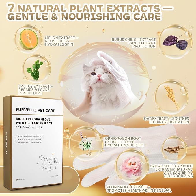 Pet Glove Wipes for Dogs & Cats, 7 Plant Extracts, Hypoallergenic Pet Cleaning Wipes, Dog Washing Gloves Extra Thick, Lick-Safe, Rinse Free for Grooming and Travel, 6PCS