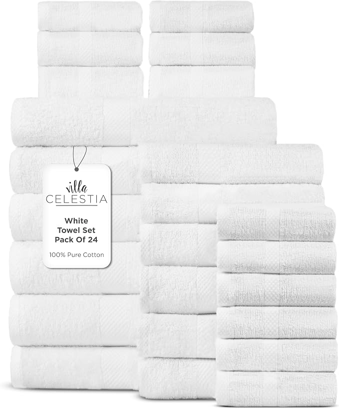 24-Piece 100% Cotton Towel Set, 6 Bath Towels, 6 Hand Towels, 12 Wash Cloth, Quick-Dry, White