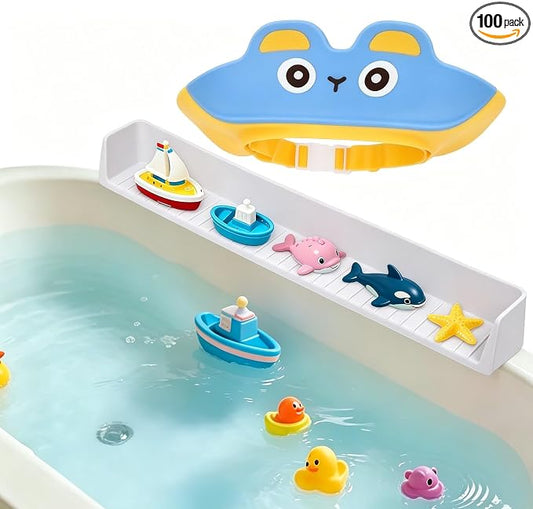 Bathtub Splash Guard for Kids, 2-in-1 Bath Toy Organizer Tub Shelf | Stops bathtub splashes, Keeps floors dry, 11 strong suction cups, Flexible safe silicone, Bonus kids shower cap