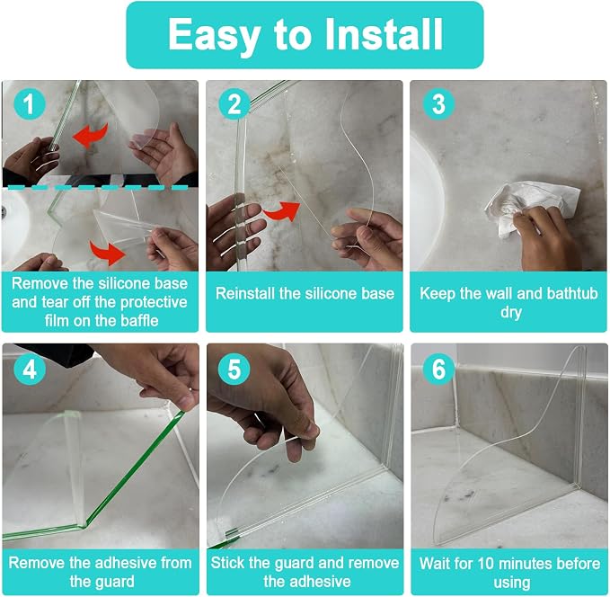 2 PCS Splash Guard for Bathtub 7.8" x 7.2" Self Adhesive Shower Splash Guard Acrylic Shower Corner Water Guard Clear Shower Guards to Keep Water in Shower