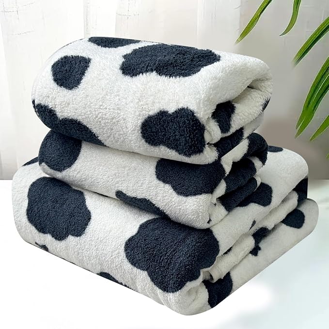 USTIDE Black Dots Bath Towel Sets Cow Print Soft Towels Set-3 Absorbent Hand Towels for Bathroom Gym Bath Sheets (Black,1 Bath Towel, 2Hand Towel)