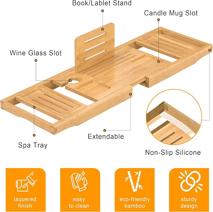Bathtub Tray Caddy,Premium Bamboo Expandable Bath Tub Trays Table, Foldable Bathroom Accessories,Great House Warming, Anniversary and Birthday Gifts,Natural