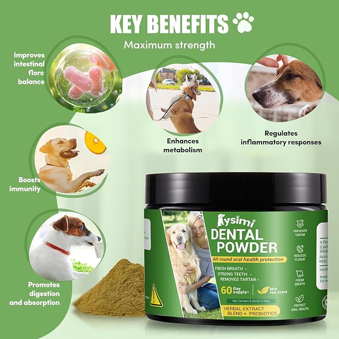 Dog Dental Powder, Dog Teeth Cleaning Powder, Dog Tartar and Remover with Probiotics and Natural Herbal Blend of All Breeds and Ages Mint -150 Grams