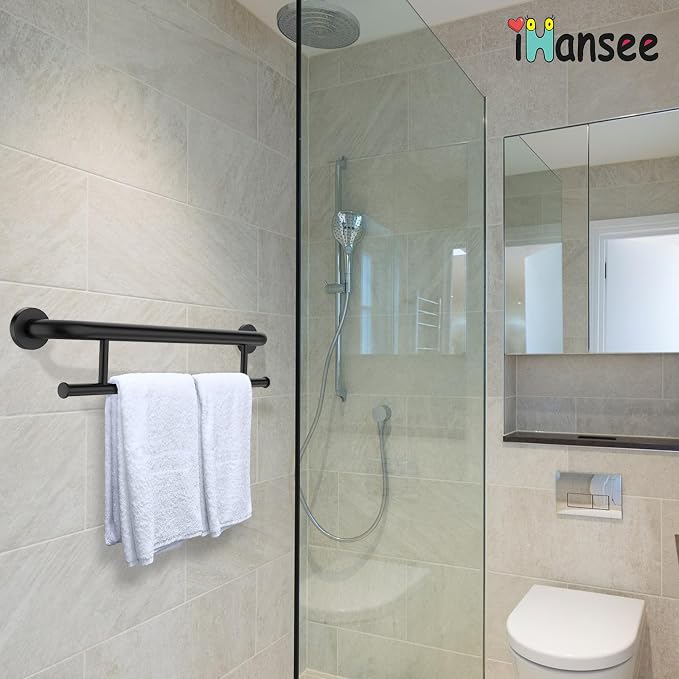 Matte Black Grab Bar 24 Inch w/Towel Holder, iHansee Stainless Steel Towel Rack Shower Support Balanced Support Handle, Wall Mount Safety Handrail Grab Rail for Elderly Senior Handicap Disabled