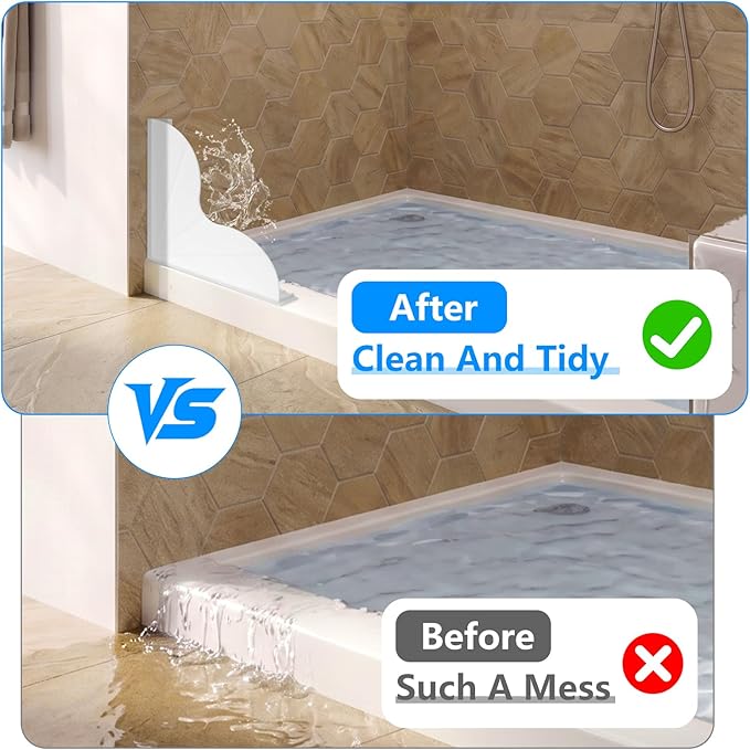 2 PCS Water Splash Guard Shower, No-Adhesive Silicone Splash Guard for Bathtub, Angle Water Stopper, Durable Easy to Remove, Keep Floor Drier (White)