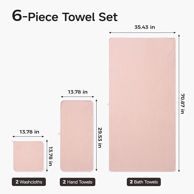 ecolook Microfiber Towel Set of 6, Pink | Ultra-Soft, Oversized, Absorbent & Quick-Drying | 2 Bath Sheets, 2 Hand, 2 Washcloths
