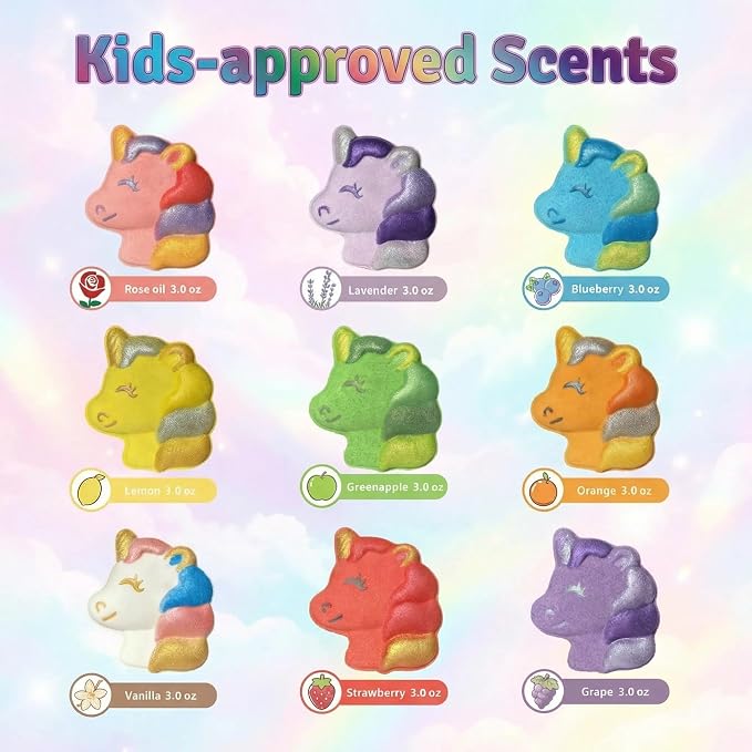 Unicorn Bath Bombs for Kids with Surprise Inside-9 Pcs Large Fizzy Bath Salts with Calming and Long Lasting Scent, Handmade Bubble Bath Bombs for Gilrs Age 3 4 5 6 7 8 9+ Year Old