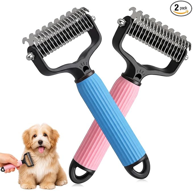 Double Sided Dematting Comb for Cats & Dogs, Undercoat Rake, Pet Grooming Brush for Long Hair, Deshedding Dog Brush Removes Tangles Knots and Loose Fur, Grooming Tool for Thick Coats (2PCS-A)