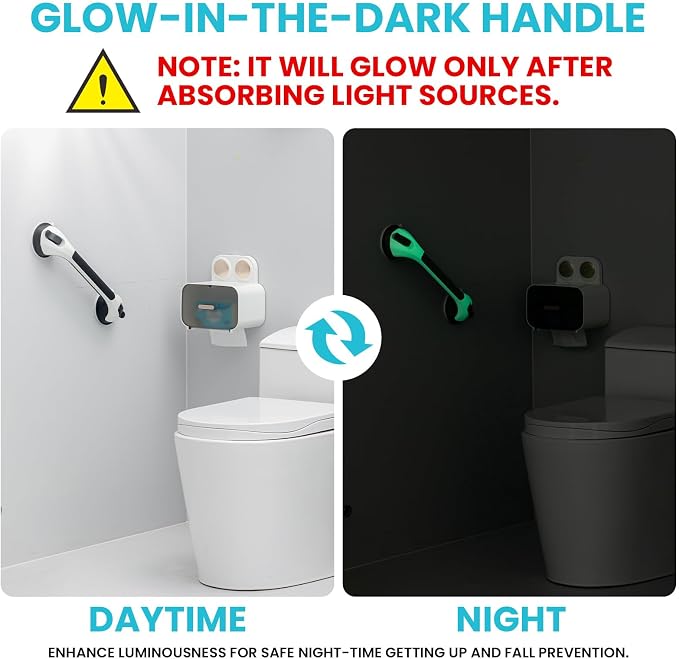 TAILI Shower Grab Bar Glow in The Dark, 16.8 in Grab Bars for Bathtubs, Shower Handles Bath Rails for Seniors and Elderly, Bathroom Safety Grip Removable No Drilling Waterproof Black,G9