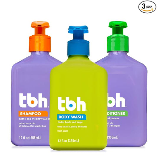 TBH Kids & Teen Hair and Body Care Set – Shampoo, Conditioner & Body Wash with Natural Ingredients – Sulfate & Paraben Free – Gentle for All Hair & Skin Types – 3-Pack, 12 oz Each