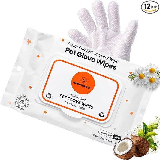 Aurora Pet Glove Wipes for Dogs & Cats, Wearable No-Rinse Grooming Glove Wipes for Paws, Face, Ears & Body, Hypoallergenic Disposable Pet Cleaning Wipes, Unscented, 12 Count