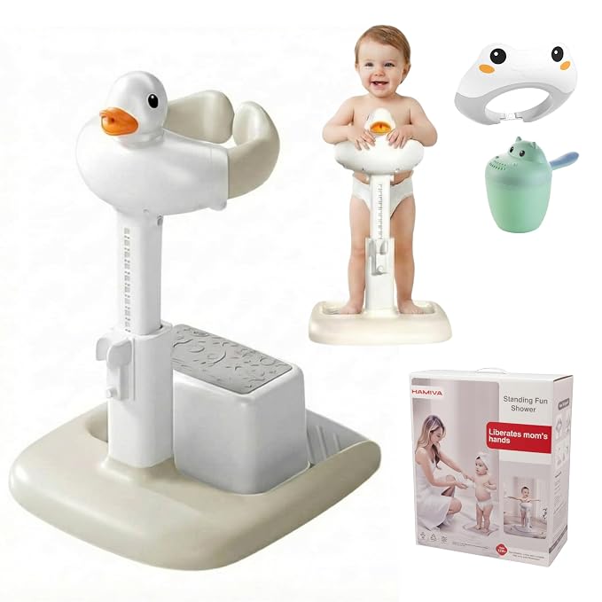 Baby Bath Stand with Built-in Seat - Duck Design - Anti-Slip Base - Baby Shower Stand for Sitting or Standing (White Beige)