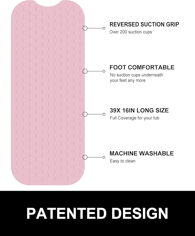OTHWAY Bathtub Mat Non Slip, 39X16 inch Bath Mat for Tub, Machine Washable Bath Tub Mats with Reverse Suction Cups, Comfortable Rubber Bathtub Mat for Bathroom (Pink)