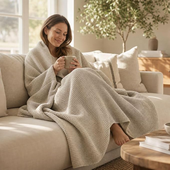 Pure 100% Flax Linen Blanket – 50x60-inch Linen Throw Blanket Waffle Weave – Breathable Cooling Blanket – Versatile Beach Blanket – Pre-Washed Lightweight European Flax