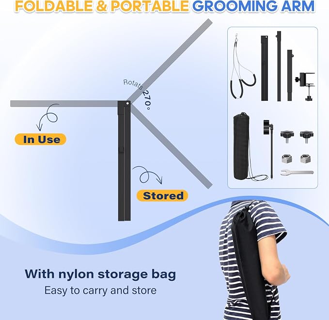 Dog Grooming Arm with Hair Dryer Stand, Adjustable 37'' Dog Grooming Table Arm with Clamp & Dogs Restraints for Grooming Small Medium Dogs Cats, Foldable Pet Grooming Stand at Home