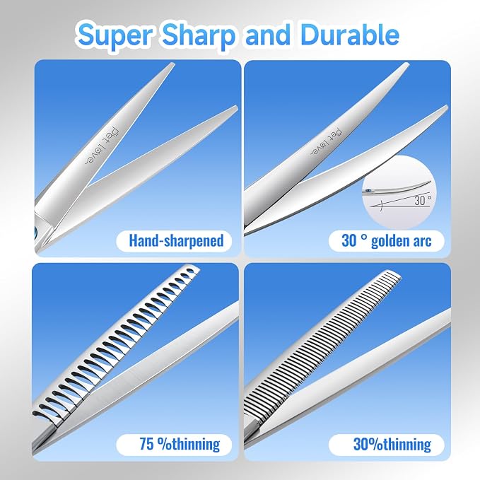 Dog Grooming Scissors Kit 7 in Professional Curved Thinning Straight Chunkers Shears 4Pcs Kit for Grooming Dogs Cat Pet Japanese 440C Stainless Steel(7.0'',Kit)