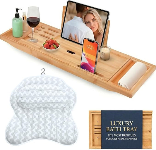 Bath Tray for Tub and Ergonomic Pillow Premium - Caddy Expandable 29 to 42.5 Inch -Foldable Bamboo Wood Tub Organizer - Luxury Bathtub Tray Wood Bamboo