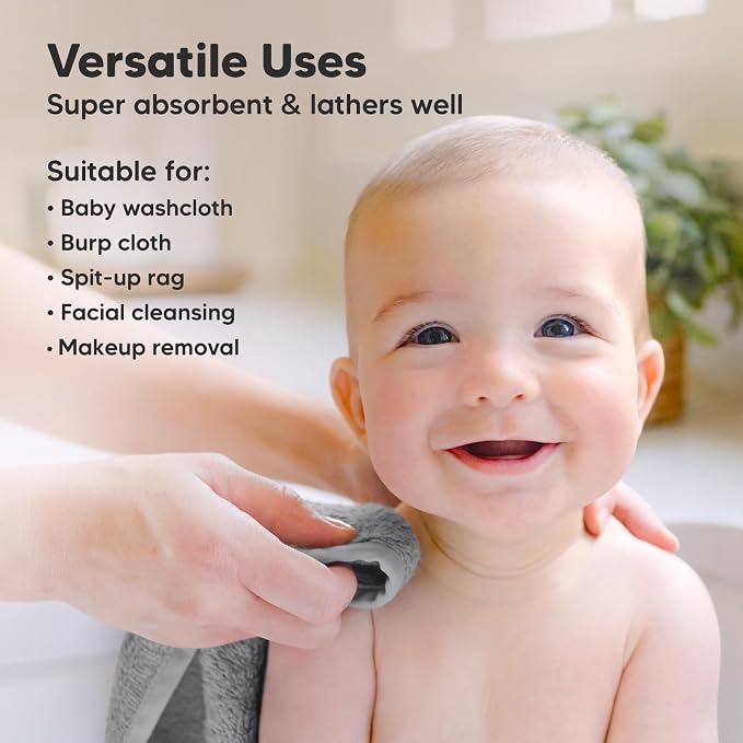 6-Pack Baby Washcloths, Soft Absorbent Washcloths for Face, Body(Cool Gray) | Viscose from Bamboo Washcloths, Baby Towels, Newborn, Kids, Toddlers, Infant, Gentle on Sensitive Skin, 10x10, Reusable
