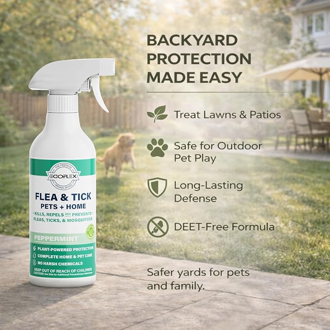 Flea Spray for Home & Pets - Flea and Tick Prevention for Dogs - Plant Based Repellent with Natural Essential Oils for Dog Flea Treatment Protection - Peppermint Scent - 16 Fl Oz