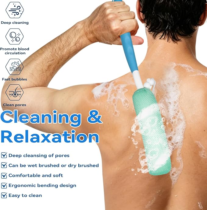 Back Scrubber for Shower，Mesh Sponge Body Shower Brush with Long Handle for Use in Shower Back Scrubber,Back Scrub for Exfoliating Body Scrubber or Shower Brush (Green and Green)