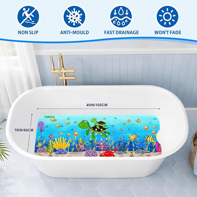 XIYUNTE Baby Bath Mat for Tub Non Slip, BPA Free Extra Long Bathtub Mat Non Slip 40x16 with Drain Holes and 200 Suction Cups, Non Toxic Machine Washable Bath tub mat, EU Certified, Sea Turtle
