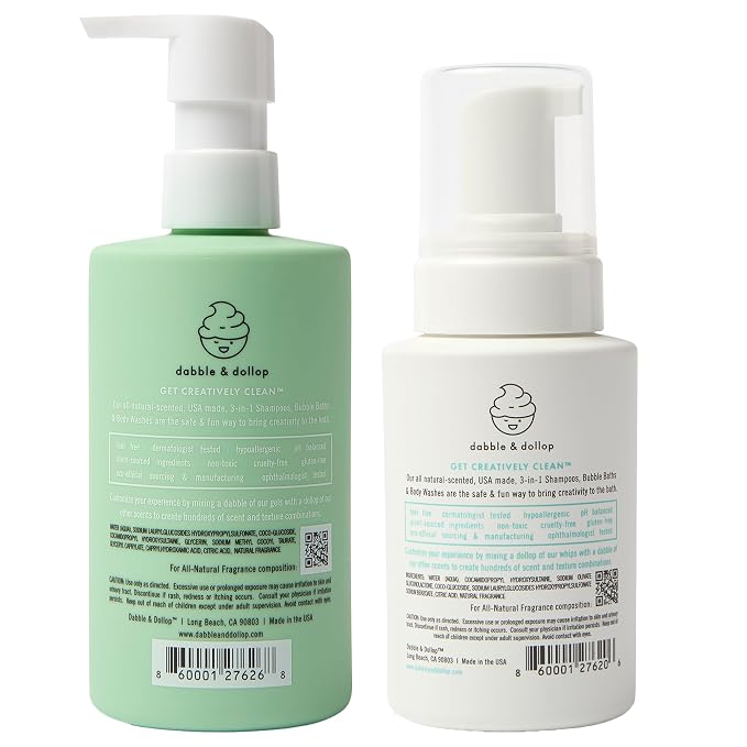 Dabble & Dollop Honeydew + Vanilla Kids 3-in-1 Body Wash, Shampoo & Bubble Bath Bundle – Gel + Foam Whip Set, Tear-Free, Gentle, Natural-Origin, Hypoallergenic and Safe for Sensitive Skin (Pack of 2)