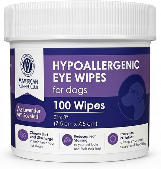 American Kennel Club Pet Eye Wipes for Dogs & Cats – Tear Stain Remover & Eye Discharge Cleaner – Hypoallergenic Grooming Wipes, 100 Count (Lavender Scent)